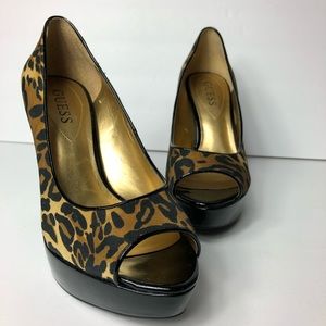 Guess Black PVC Leopard Print Peep Toe Pumps Heels